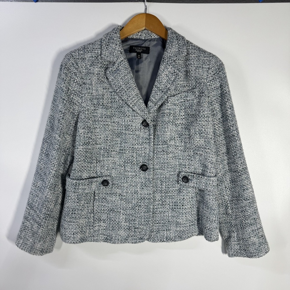 Talbots Tweed Blazer Women's 14P Petite Blue Lined Classic Casual Professional - Picture 2 of 8